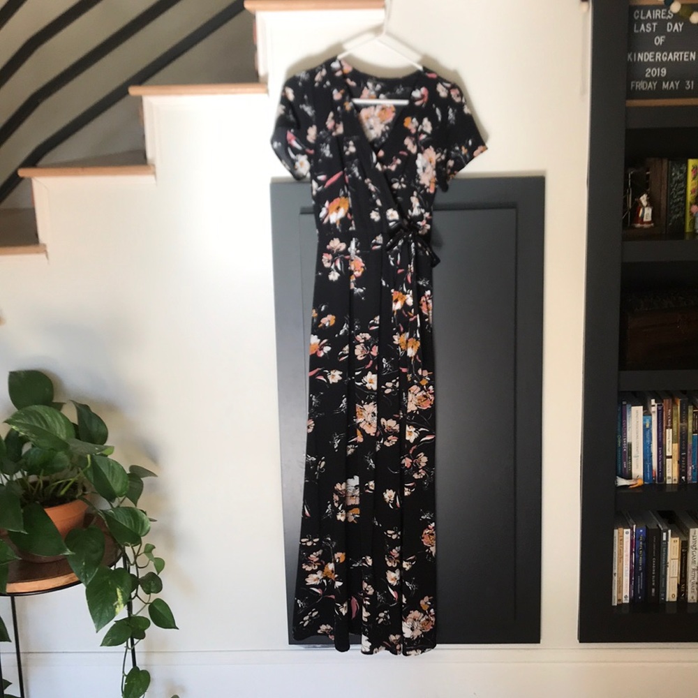 Black floral faux wrap maxi